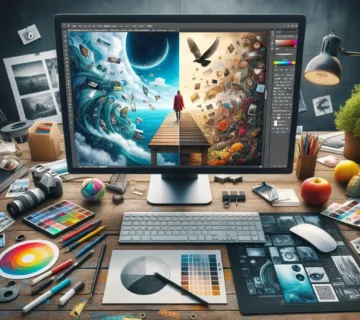 ThinkSetup | A web designer's creative workspace with design tools and a monitor displaying a successful homepage based on a checklist. The image symbolizes the meticulous and creative process behind successful website design.