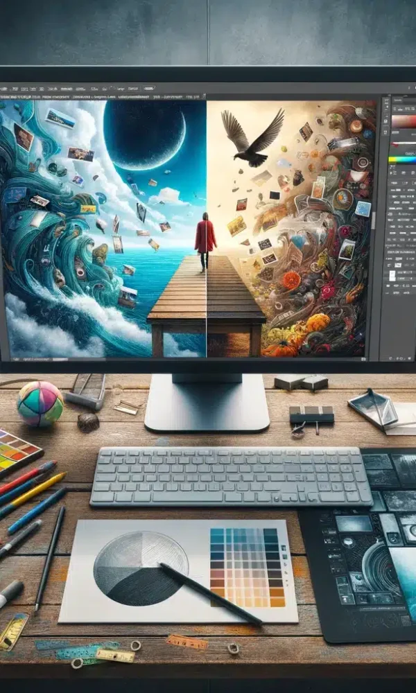 ThinkSetup | A web designer's creative workspace with design tools and a monitor displaying a successful homepage based on a checklist. The image symbolizes the meticulous and creative process behind successful website design.