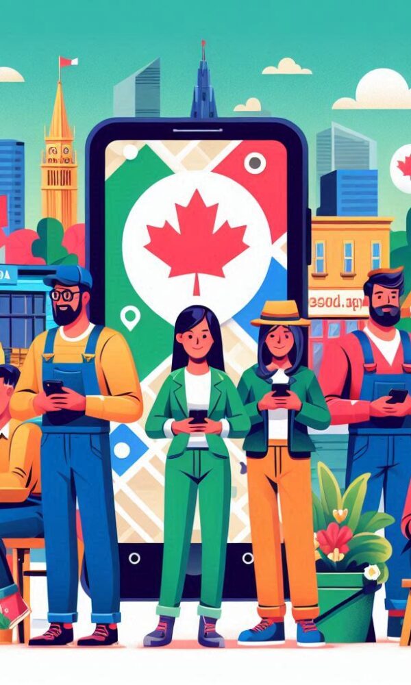 thinksetup | A cheerful image of small business owners across Canada looking at their high Google Maps rankings | Cartoon illustration of successful local businesses in Canada highlighted on Google Maps search results | Smiling Canadian business owners looking at their business's top ranking on Google Maps